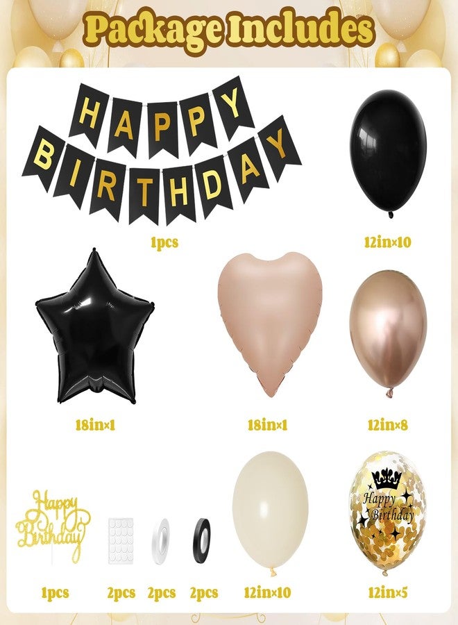 Vibzox Black Gold Birthday Decorations for Women Men,Party Decorations Sand White Champagne Gold Balloon Heart Star Foil Balloons Happy Birthday Banner Boho Birthday Party Decor - Image 2